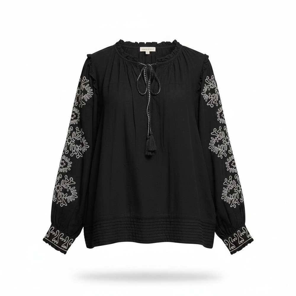 Jennifer & Grace Blouse Women 1X Black Embroidered Boho Tassel Peasant Top